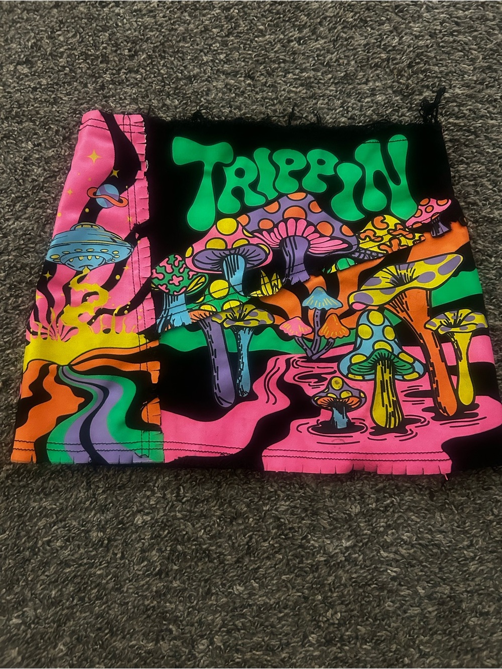 Women’s Neon Psychedelic Mushroom Print Skirt - Black with Multicolor Accents